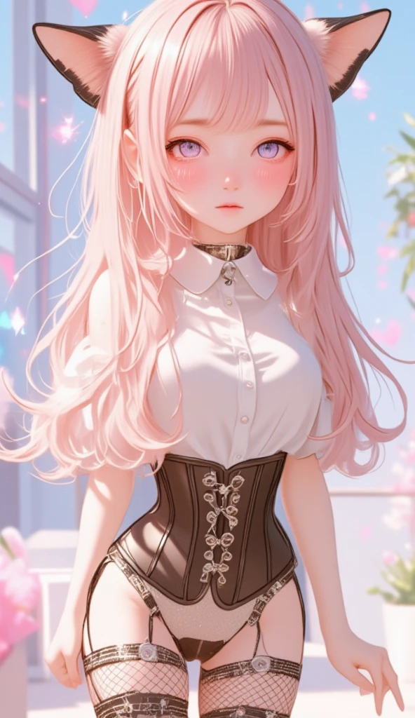  anime style、 Illustration 、Hesitation,(   orgasms  :1.5),Wait for your tongue ,    Light Pink Hair  、 wear a collar 、    elementary school girl 、Very beautiful and   Sparkling Eyes 、  Sparkling Eyes 、1 person、cat ears、((((()))))、heart❤、((sweat、vapor)）、:Bondage Corset, (      fishnet tights    のフルボディスーツ:1.1),       fishnet tights    ,       fishnet tights    , (CRYSTAL CLEAR ASS  :1.1),