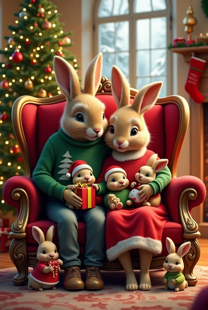 A family of anthropomorphic rabbits celebrating Christmas in a cozy ...