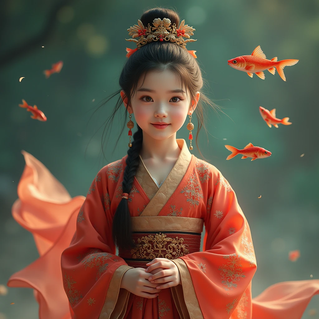 Chinese style little girl,There is a phoenix behind it,The whole hue is green