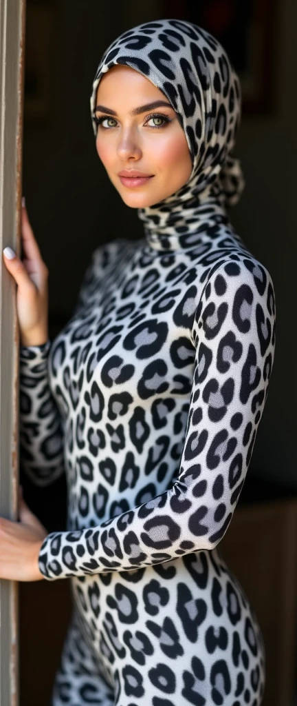The beautiful,thin and clever asian muslimah adult girl with beautiful cheeks wears plains zebra print lycra turtleneck unitard catsuit covered with stripes and plains zebra print lycra elastane stretchy dancewear shawl hijab covered with stripes.She is working in the office.She is a my teacher.