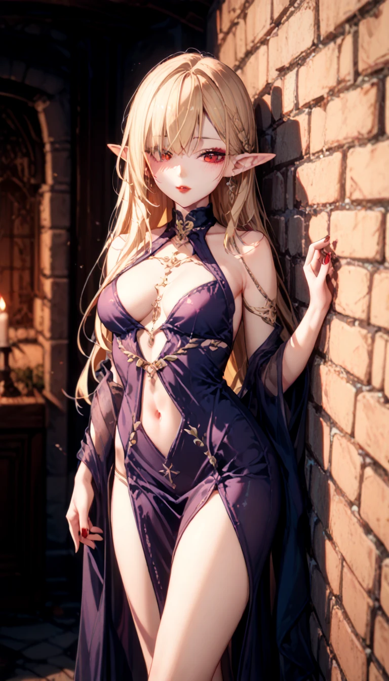 4K, ,   red eyes,    high resolution  ,   hot girl, Cutie,  compose, 1 girl,  Elf,   cutout on the chest to the navel  , long flowing golden hair , dungeon, panties,  purple dress , makeup, red lips, decorations. prostitute, fingernail, 