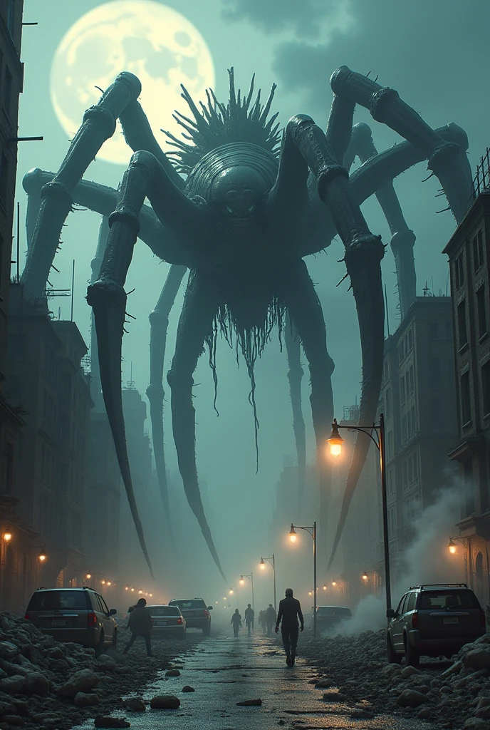 photo of several giant black otherworldly organic creatures with cable-like hanging tentacles flying through the streets of a metropolis after the apocalypse, a faint red sun barely shines through the cloud cover, highly detailed, cinemascope, moody, epic, photorealistic, color graded cinematic, atmospheric lighting, award winning photo, film grain