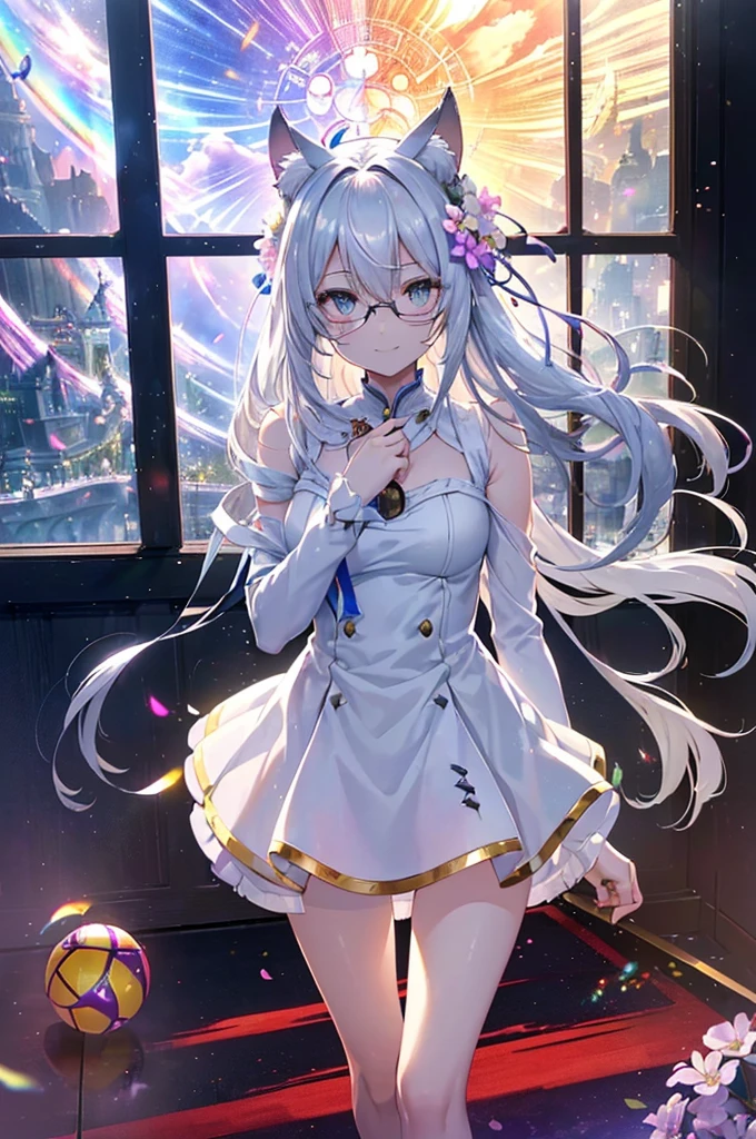 long hair, gray hair, masterpiece, top quality, very beautiful, Absurd, with bangs, glasses, yellow eyes,Yellow Eyes, Glasses、( A standing character with a deformed head and torso :1.4),(Cat ears:1.4),(The length of the bangs was cut evenly.,:1.3) , (Perfectly detailed eyes:1.3),(anger、smile:1.3),( face focus to be interrogated:1.3),( Bust Closeup :0.7), (誇らしげないたずらっぽいsmile:1.3),(Fun and enjoyable,smile:1.3),(Adventurer Wizard:1.3),(Extended Video Angles:1.4),(A magician who controls fire:1.3),(dance:1.3), Her skin is pale ,(Emits an aura of light,(Face Zoom:1.3),  best quality , (Accurately grab the rainbow-colored magic ball:1.3),(彼女の周りに多くの青くShine刃が飛び回る:1.3),Complex castle town, lens flare , Big rainbow,The moon is shining,money, bloom, ((Shine)),  Chromatic Averages ],   Digital Painting , Crazy Details ,  Intricate Details , beautifully color graded, Anime Clothes, unrealistic Engine, movieのような ,  color grading , Editorial photo shoot , photo shoot, Kiss Shot, Canon 5D Camera photo shoot,Shot with a 70mm lens, Thematic Depth, Ultra Sharpness ,  NFSW, octane,  unrealistic,  dramatic light ,  global illumination,movie,rainbow, lens flare ,(Flower Window Avenue:1.3),(White Maiden&#39;s Cloak:1.3),(Agfacolor:1.3),( Close-up Portrait :1.3),( feminine:1.4),(beautiful:1.4),( attractive:1.3),Move the angle,  drawing with theme background,（Rainbow Church Background:1.3）