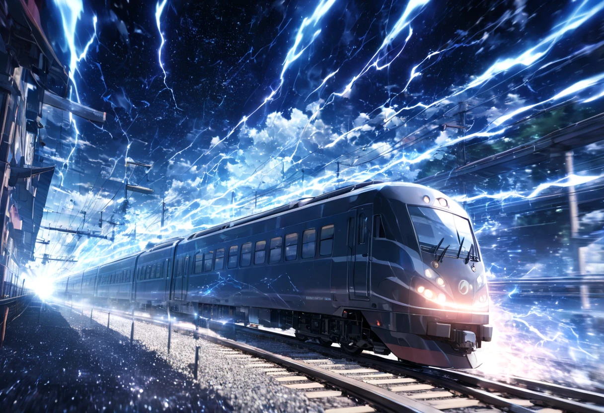 A train that transcends time and space ,  Run on rails formed by Particle Light(( motion blur:2.0 , Blue Lightning Effects :1.5 ,  Blue Particle Light Filter Effects :1.5 , backgroundぼかし)) , background:A warped world of space-time  , Dark blue bullet train 