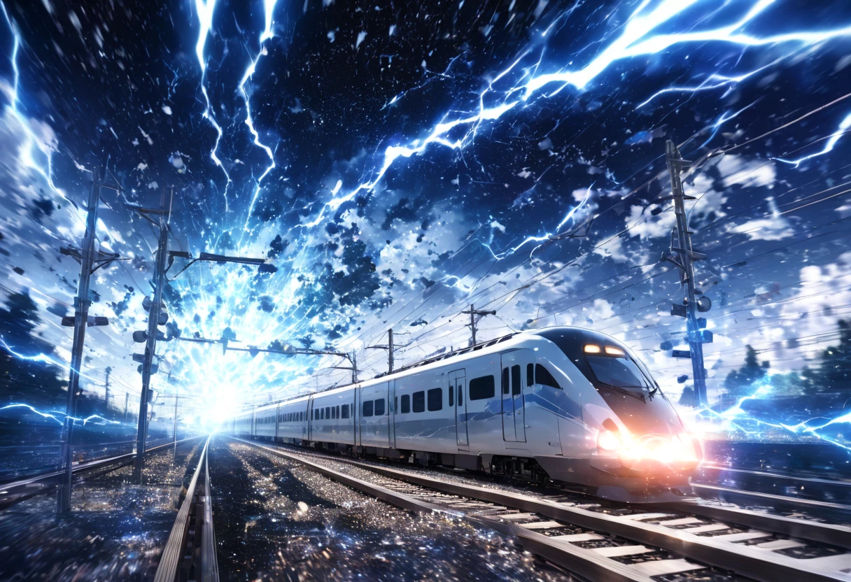 A train that transcends time and space ,  Run on rails formed by Particle Light(( motion blur:2.0 , Blue Lightning Effects :1.5 ,  Blue Particle Light Filter Effects :1.5 , backgroundぼかし)) , background:A warped world of space-time  , Dark blue bullet train 