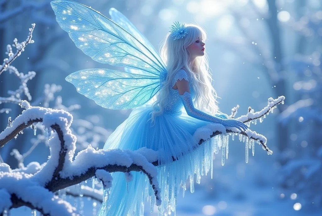 ((masterpiece)) ((photography)) ((Highest quality)) A close-up, ultra-detailed illustration of an ice fairy perched delicately on a snow-covered branch glistening with frost. The fairy has translucent, crystalline wings that shimmer with icy blue and silver hues, a dress made of frost and icicles, and her hair flows like delicate snowflakes. The branch sparkles under the soft light, with tiny frozen droplets hanging beneath it, while the background reveals a serene winter forest with a cold, ethereal glow. The atmosphere is magical and serene, capturing the essence of winter's beauty.