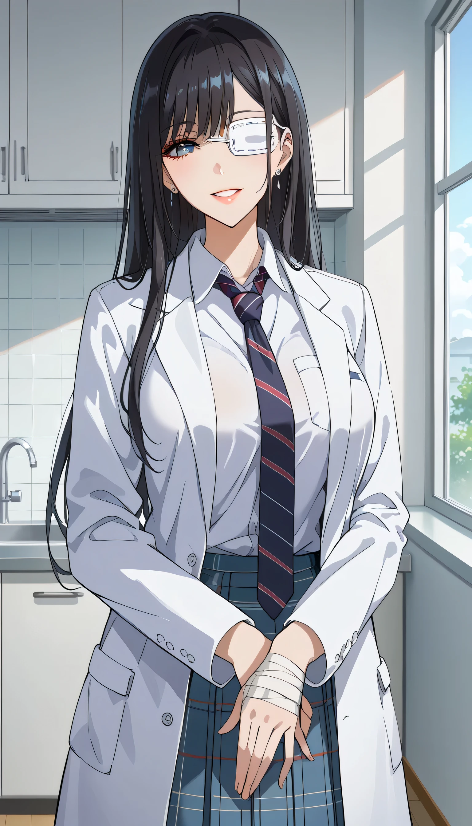 School、Inside the school building、corridor、 score_9,  score_8_up,  score_7_up,  source_anime,masterpiece, Wicked Smile 、Kitchen Disorders 、White eye patch、Bandage on hand、 best quality, BEAUTIFUL AND DETAILED EYES ,  beautiful detailed lips、Aggressive look、 very detailed eyes and faces,、 long breasts, 1 female, Put on a white coat、School uniform under a white coat,  brown blazer、 high school girl、Matte Clothes 、 plaid skirt 、Big saggy breasts, shockingly  Big Breasts ,  Big Breasts , School corridor, makeup、 no makeup、 black hair、 long hair、Aggressive face、Kitchen Poses、 plaid tie 