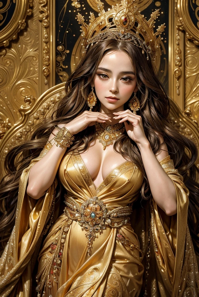 close-up of a woman in a golden dress and crown, a beautiful fantasy empress, ((a beautiful fantasy empress)), The Persian Princess, Arabian princess, Arabian princess, The Persian Queen, Golden corset, beautiful and elegant elf queen, Royal Elegant Pose, beautiful queen, Arabian beauty, Princess Jasmine, Egyptian Princess, Beautiful female princess, karol bak uhd, beautiful goddess