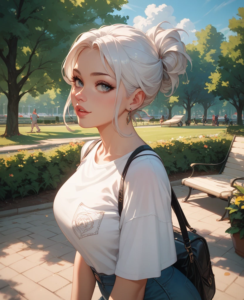 white hair, big chests, park