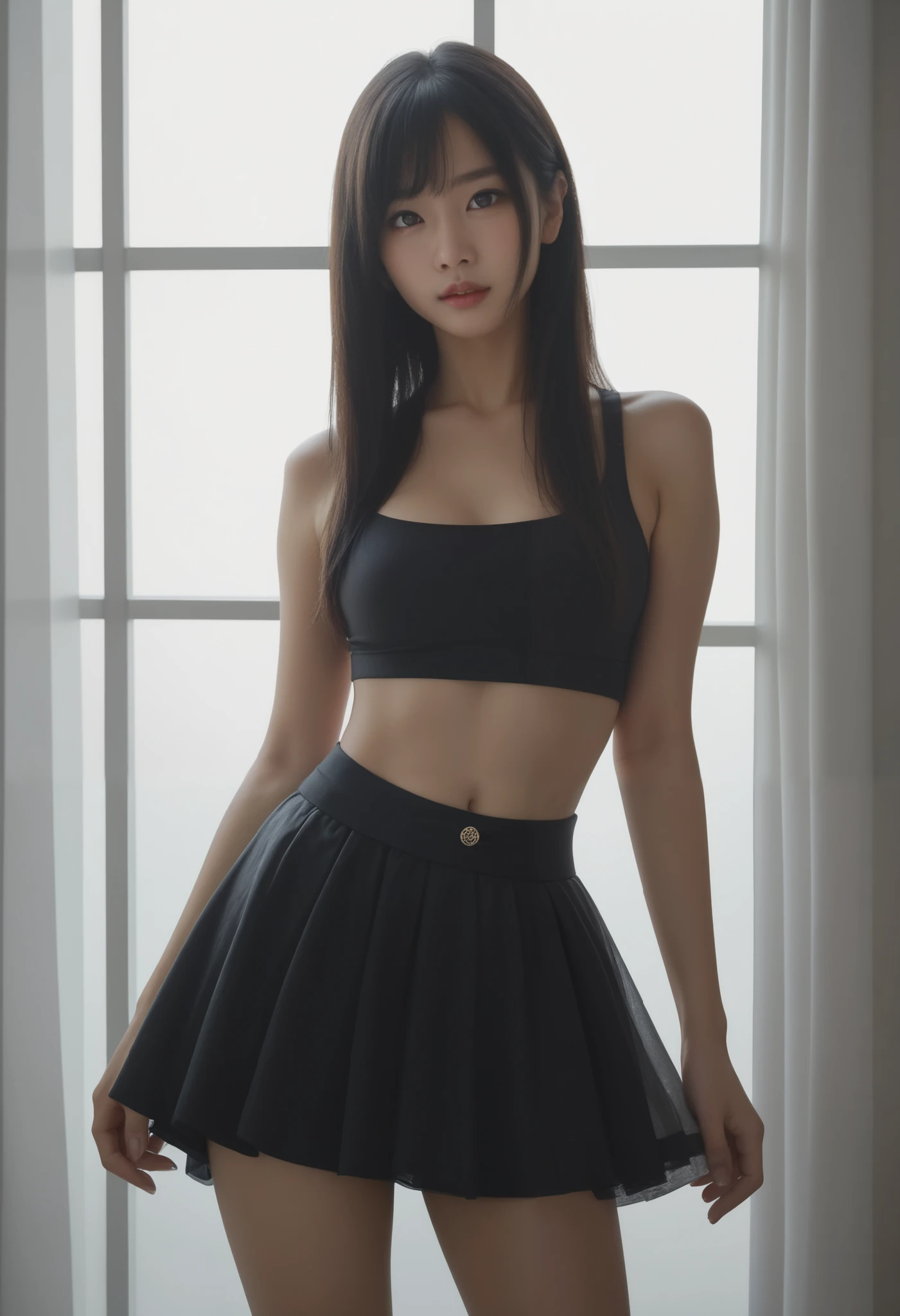 ((realistic lighting, highest quality, 8K, masterpiece, medium shot: 1.3)), clear focus: 1.2, 1 girl, perfect figure: 1.4, plump bust,((long black hair)),((With bangs)), (light pink crop top:1.4),The whole delicate breast leaks,(exterior,in the middle of the night:1.1),In a changing room with a window, Uniforms etc. in the background,sitting on a chair,Moderately thin calves,exposed thighs,navy blue ankle length socks,white sneakers,super fine face, fine eyes, double eyelid,White pleated mini skirt,Taking a selfie with a black smartphone in his left hand,Your face is hidden by your smartphone、Your right hand rests on the chair to support your weight.,legs open at a 40 degree angle、((((Panties are visible from inside the skirt))))、(white panties)、(tilt your head a little)