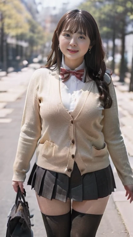 full body shot, from below,  japanese mature,  detailed face , smile, Facial wrinkles,  detailed skin texture ,  white skin,  heavy makeup, (curvy body, Large Breasts,  plump thighs:1.5), (earrings, red bowtie,brown cardigan,red skirt,pleated skirt,micro miniskirt,black thighhighs:1.2), ( Wearing high heels :1.2), ( full body shot from toe to head wearing black high heels,  standing in the park, standing:1.2), ( surrealism, best quality, ultra detailed, absolutely resolution, 8k, anatomically correct), depth of field, looking at viewer, tachi-e