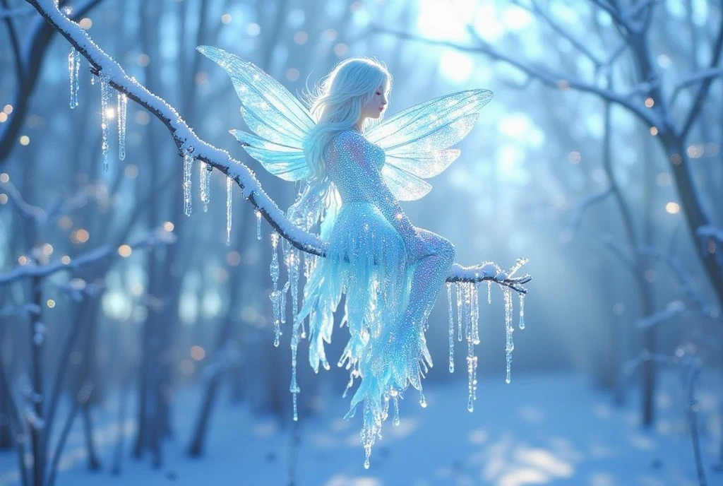 ((masterpiece)) ((photography)) ((Highest quality)) A close-up, ultra-detailed illustration of an ice fairy perched delicately on a snow-covered branch glistening with frost. The fairy has translucent, crystalline wings that shimmer with icy blue and silver hues, a dress made of frost and icicles, and her hair flows like delicate snowflakes. The branch sparkles under the soft light, with tiny frozen droplets hanging beneath it, while the background reveals a serene winter forest with a cold, ethereal glow. The atmosphere is magical and serene, capturing the essence of winter's beauty.