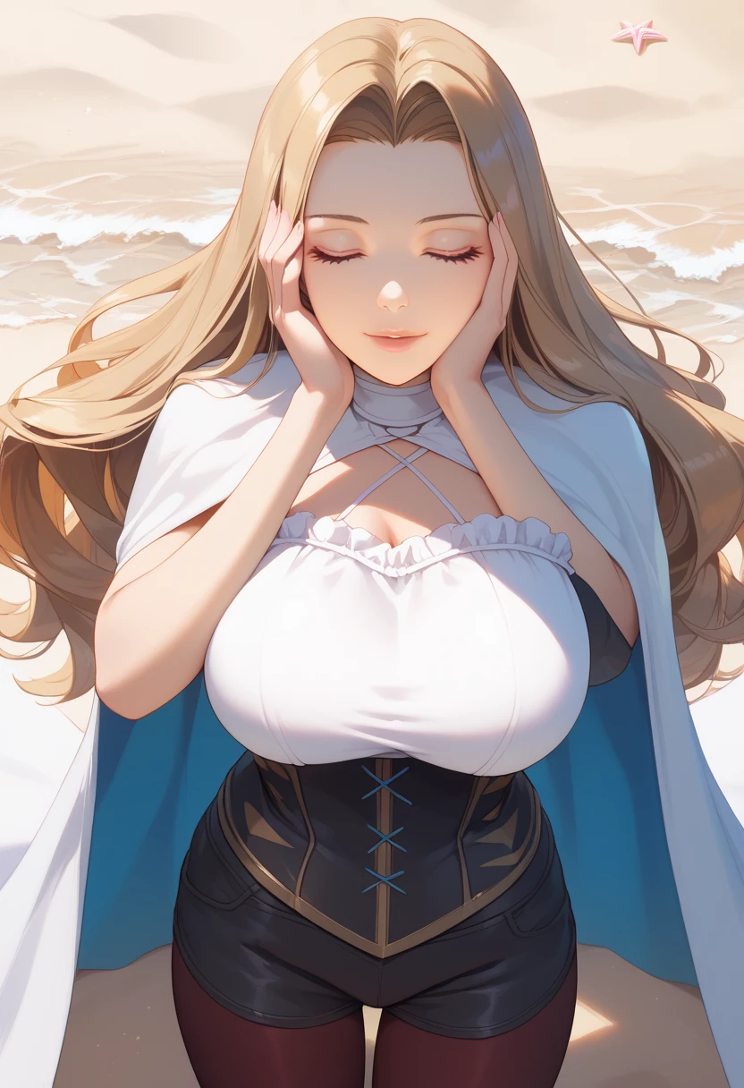 ((((MASTERPIECE)))), best quality, 1 girl, solo,Huge breasts,large ass,Sousou No Frieren,methode, purple eyes, hair intakes, long hair,corset, pantyhose, cape, black shorts,Beautiful attention to detail:1.2, (perfect hand, perfect anatomy), super detailed, beautiful face,beach, (close-up breasts:0.9), (close-up face:2.0) ,looking at viewer,closed eyes,happy