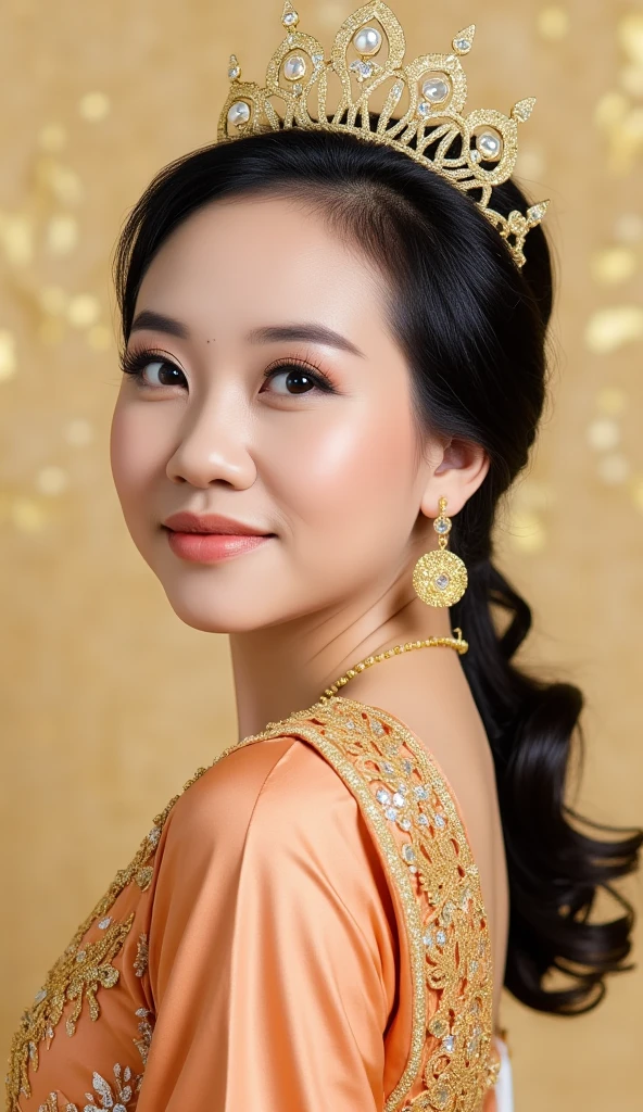 Photo of a beautiful young Thai woman wearing a copper-colored modified Thai dress decorated with gold and gems. Her hair is decorated with a gold crown decorated with gems. Her face is sweet with dark brown eyes and light pink lips. She wears a gold necklace and earrings. The background is light gold. The image is high definition and the lighting is soft. The photo was taken by a professional photographer.