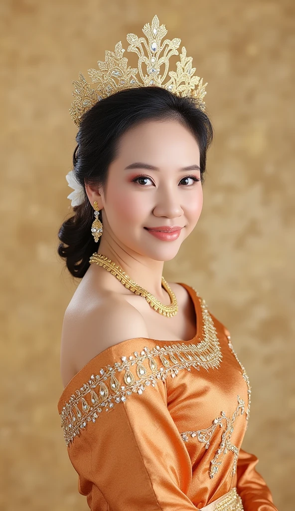 Photo of a beautiful young Thai woman wearing a copper-colored modified Thai dress decorated with gold and gems. Her hair is decorated with a gold crown decorated with gems. Her face is sweet with dark brown eyes and light pink lips. She wears a gold necklace and earrings. The background is light gold. The image is high definition and the lighting is soft. The photo was taken by a professional photographer.