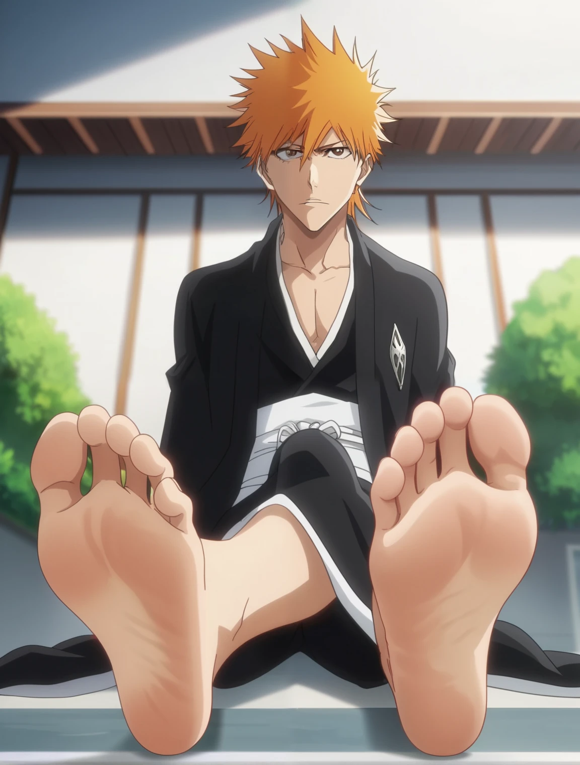 score_9, score_8_up, source_anime,
1boy, Kurosaki Ichigo, bleach, slender, untoned, orange hair, brown eyes, messy hair, loose-fitting black kimono, white inner garment, white obi,  wide and flowing black pants, alone, looking at viewer, sitting on the ground, cowboy shot, ANIME SCREENCAP, anime coloring, in a garden, barefoot, perfect feet, anatomically correct, soles, low angle, focal length 35mm, each foot has five toes, front, symmetrical soles, foot focus, crossed legs