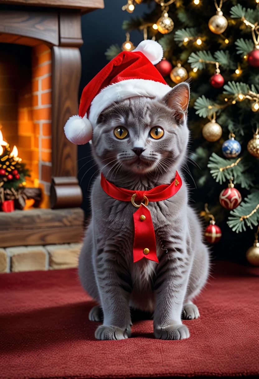 High image quality、 up of one dark grey kitten 、Close-up image of the whole body、 is facing this way。 Looking at the camera 、 that cat has bright yellow eyes 、Plump Mouth、The cat is dressed as Santa、The cat is wearing a Santa hat、 inside an 18th century cottage with a warm fireplace、dark blue carpet on the floor 、 Christmas lights at your feet 