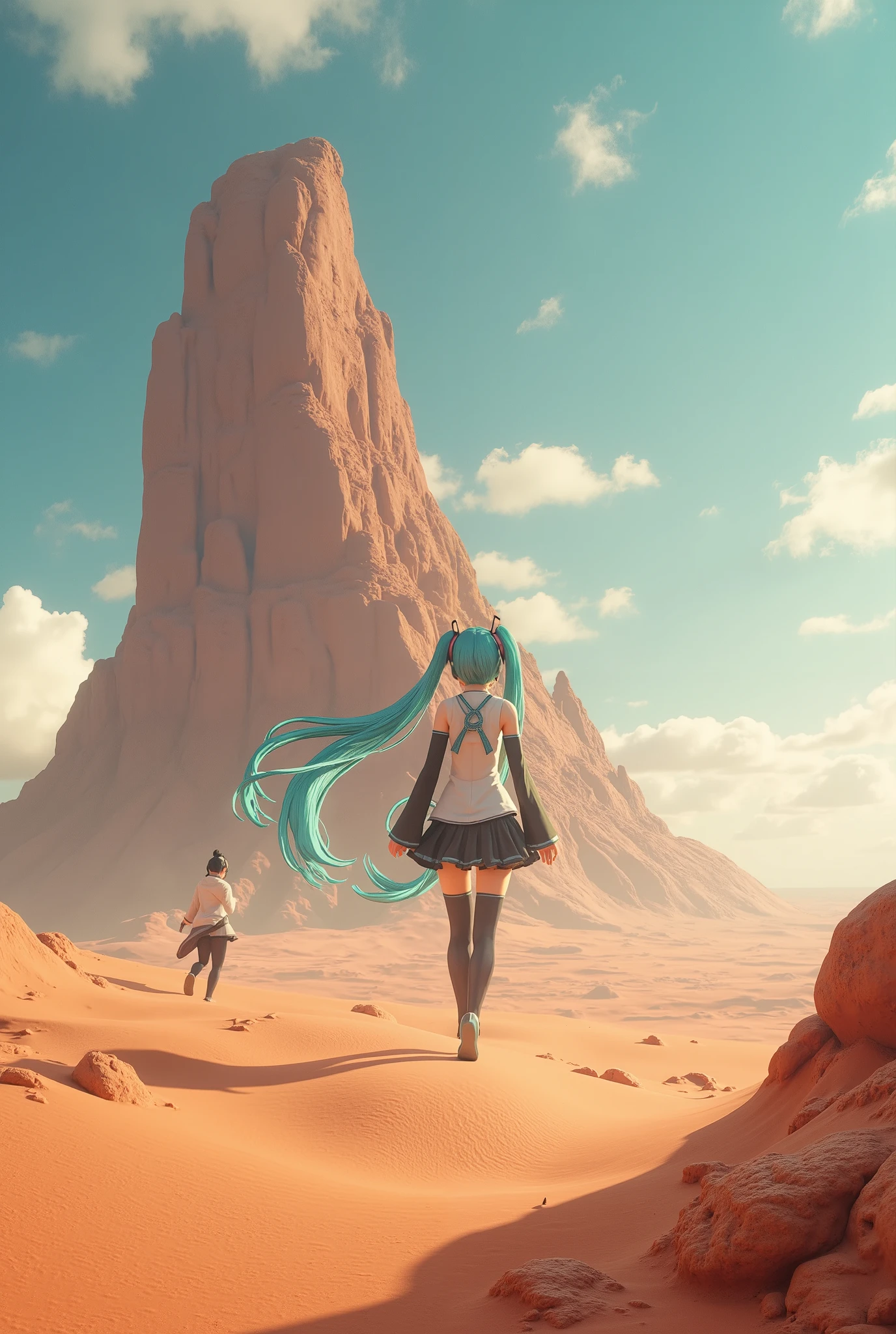 (masterpiece、 best quality、 best quality、 Official Art、 beautiful and beautiful :1.2)、( one girl who is at ease:1.3) Hatsune Miku 、 twin tails, Beautiful breasts,Two people are walking in the desert near a large rock, Unreal Engine 5 Showcase, Anamorphic 24mm Lens,  Inspired by Sanford Robinson Gifford, Gameplay screenshots,  Stills from Music Videos , Sylvain Sarayl and Igor Morski, interior Gameplay screenshots, 2019, TV Screenshot