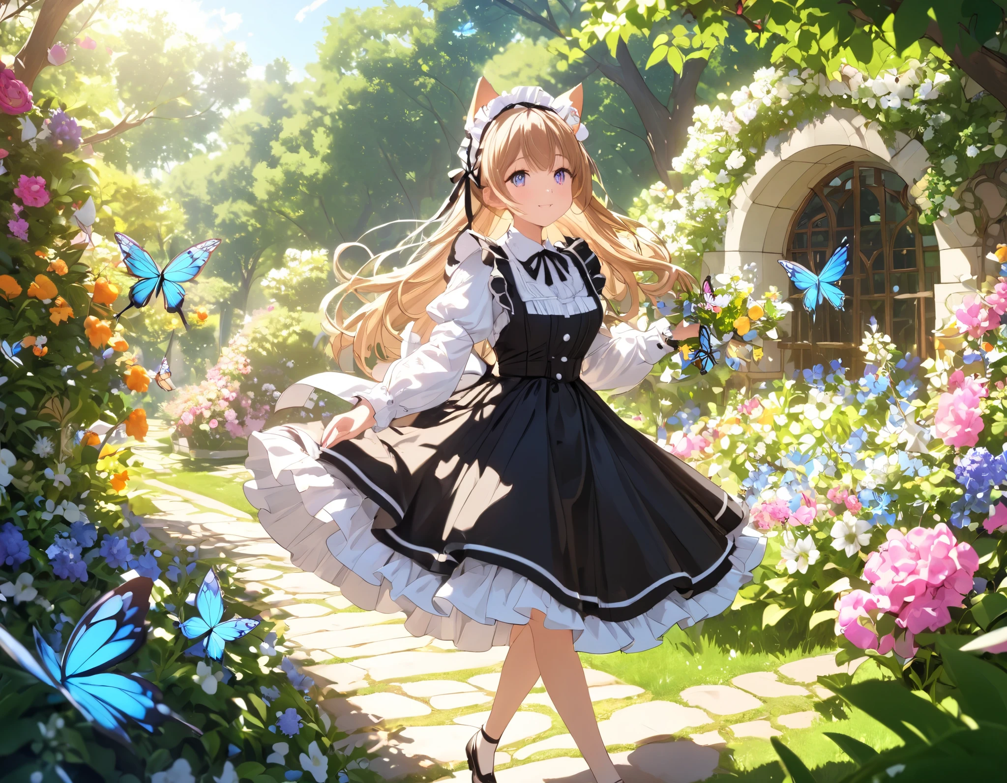 (((Best quality, 8k, Masterpiece: 1.3)), ((best quality)), ((masterpiece)), (detailed), perfect face, A charming girl dressed as a maid with cat ears, gracefully playing in a lush garden filled with vibrant flowers. She is joyfully chasing a butterfly, her movements elegant and lively. The scene is bathed in soft sunlight, with gentle shadows cast by the trees. Her maid outfit is detailed with lace and ribbons, and her cat ears are fluffy and expressive. The butterfly is brightly colored, fluttering just out of her reach, adding a sense of playful motion to the scene. The background features blooming flowers, a wooden bench, and a stone path, creating a peaceful and enchanting atmosphere