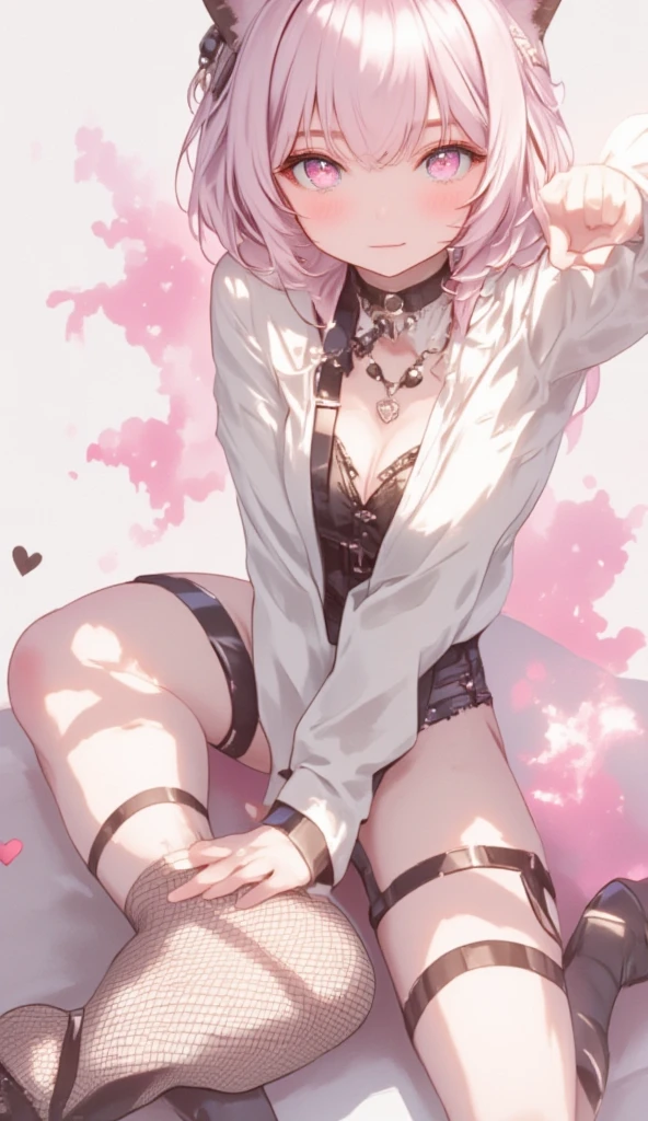  anime style、 Illustration 、 perfect anatomy 、 Beautiful Proportions 、 Light Pink Hair  、 wear a collar 、Very beautiful and   Sparkling Eyes 、Sparkling Eyes 、1 person、cat ears、(((Full Body Angle)))、heart❤、((sweat、vapor)）、:Bondage Corset, ( fishnet tights のフルボディスーツ:1.1),  fishnet tights ,  fishnet tights , (CRYSTAL CLEAR ASS  :1.1),