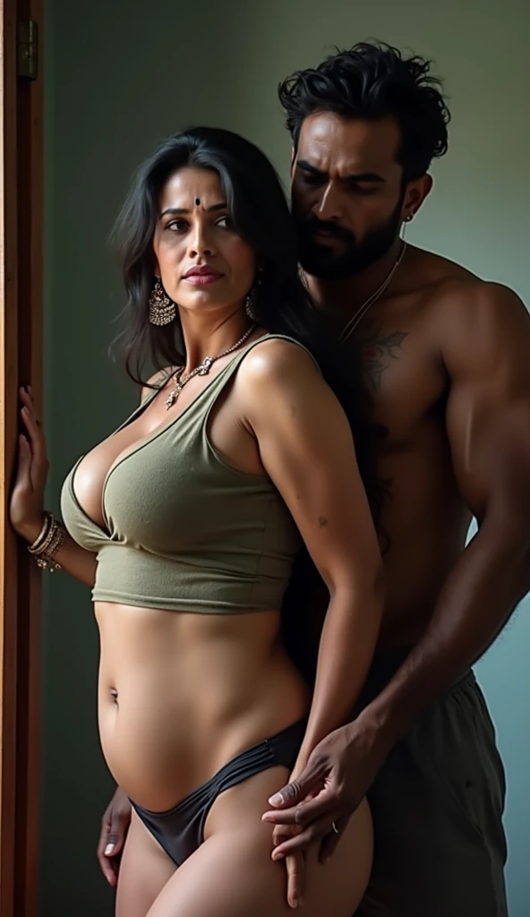 1 man, 1 woman, naked nayanthara, muscular man johnny sins, Face: supermodel erotic, slutty makeup, celebrity makeup, erotic make-up,Big breasted, sexy mature++ erotic face, feminine, long haired, chubby navel, smiling mature 30 year old naked nayanthara ++ dancing erotically beside her naked alpha, muscular, big-bearded young++ dark complexion lover with husband watching in bushes, location: forest