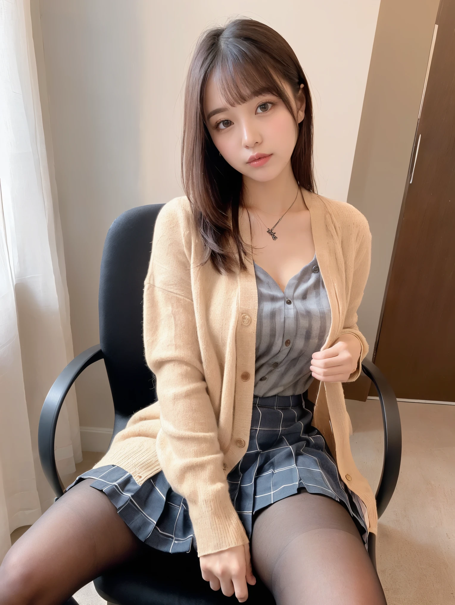 (((8k、 high definition 、  best quality 、 high definition )))Alone、  I'm fascinated by my natural body、 white skin、  natural makeup、(( black hair、bangs、 long straight hair))、((()))、、( Sit cross-legged in a chair:1.6)、(())、(((((  full body photo )))))、((( staring at the camera)))、(((The upper body is in uniform )))、bedroom、(((High school))) 、(( white collar long sleeve blouse that also reveals white socks))、(( beige cardigan ))、((Dark blue checkered pleated skirt、 miniskirt、 Ultra Realistic Pantyhose))、、、Expressionless、(( thighs without bare neck))