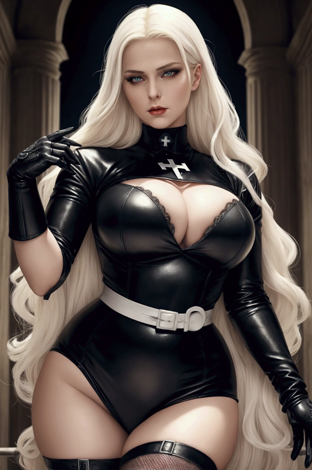 Sexy gothic vampire, large breasts, laced clothing, latex,full body, white hair, spider queen,witch