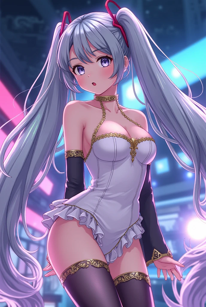 (masterpiece、 best quality、 best quality、 Official Art、 beautiful and beautiful :1.2)、( one girl who is at ease:1.3) Hatsune Miku 、 twin tails, Beautiful breasts,Detailed and smooth,  best quality, Very thin hair, cute, 灰色の twin tails, Holographic glowing hair, slender,  elegant sex appeal , A thrilling sight,  glamorous , Captivate the audience, Love at first sight, Balance your body shape and composition, ROUGH, There is,  vibrant colors