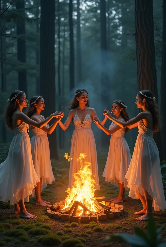 "In a mystical scene in the forest at sunset, two women dressed in flowing, elegant outfits kneel in the center, holding between them a large bronze bowl of cocoa They look into their own hearts which expand in golden light. High in the sky a black full moon with the majestic head of an ethereal golden lion. Ao fundo, a blazing bonfire illuminates the surroundings, reinforcing the ceremonial and magical atmosphere. Several women are around the bonfire with subtlety. A large cocoa fruit is below the lion"