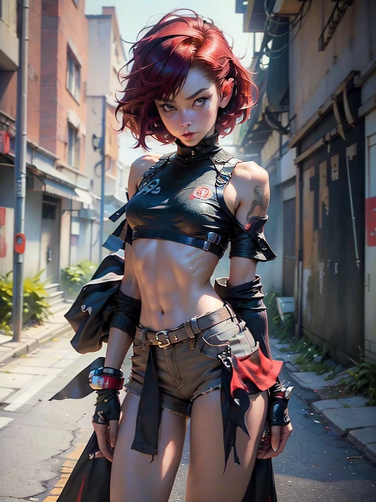 Masterpiece, 4k, ultra high detail, score_9, score_8_up, score_8, 18yo, petite, small breast size, red_orange wild ponytail hair, fcNeg, stunning emerald green eyes, freckles, white skin, small nose, innocent beauty, slim face, skinny petite body,
Apocalyptic Style: Wasteland clothes made from metal and leather scrap, Wandering through ruined city covered with red dust, dark stormclouds, torn leather chest clothes, cityruins background, wild warm clothes for cold season,
