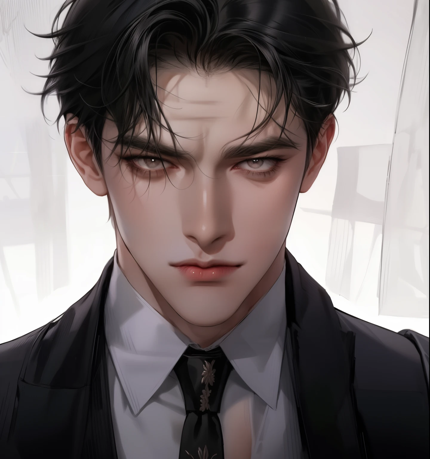 (Masterpiece, Best Quality, Super Detailed, High Resolution, Ridiculous Results), 1 Mature Male, Case 30, (Broad Shoulders), (Muscles), Male Focus, Alone, Black Hairstyle, Shirt, Tie, Simple Background , dark eyes, upper body, vest, messy short and medium hair, parted lips, long sleeves, white shirt, very light and tiny, suit, dark feeling, dangerous