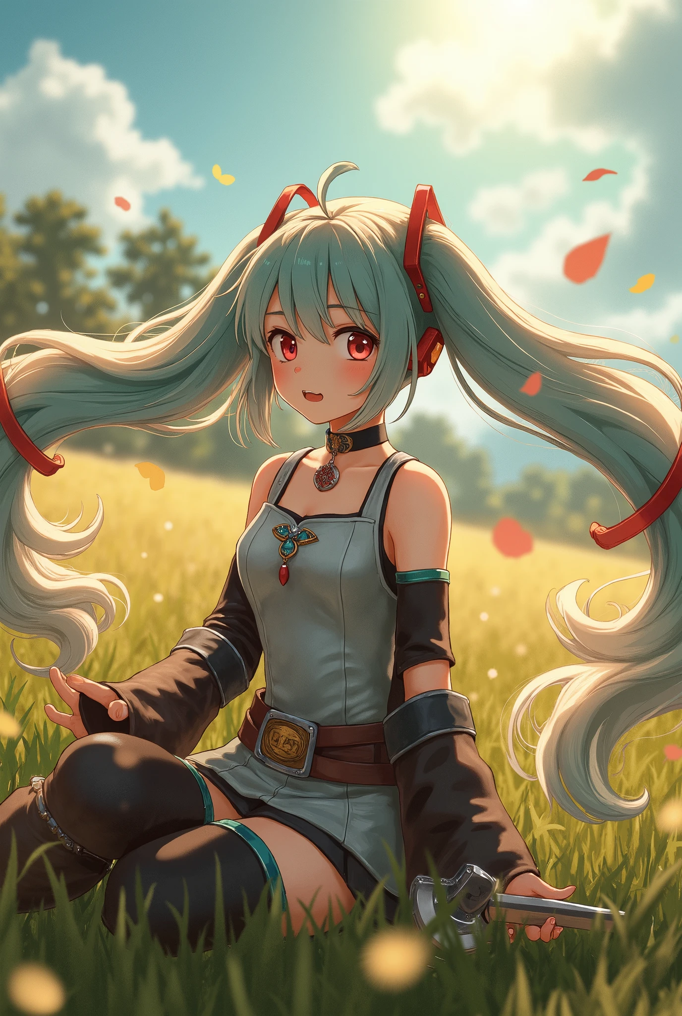 (masterpiece、最 High Quality 、最 High Quality 、 Official Art、 beautiful and beautiful :1.2)、(一人の girl:1.3) Hatsune Miku 、 twin tails, Beautiful breasts,masterpiece ,  girl, In the Field, (  Light White Short Hair:1.2), (red eyes:1.2), (Crossader:1.2), ( watch viewers:1.2) , (8k,  最 High Quality  1.2),  ultra detail,  8K HD Streaming,  soft lighting,  High Quality ,  film grain ,  beautiful lighting arranged in an orderly manner,  Movie-like  , perfect body for a lawn , Best lighting,  vest shadow , Sharpness, Contrast, Red glasses,  messy hair , ,  very detailed face, Steel Armor, Great Sword