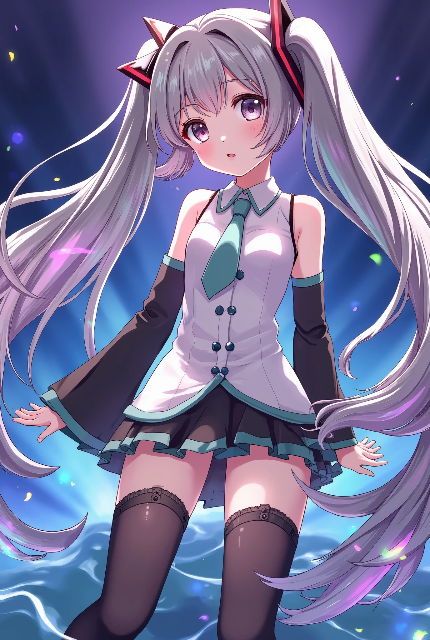 (masterpiece、 best quality、 best quality、 Official Art、 beautiful and beautiful :1.2)、( one girl who is at ease:1.3) Hatsune Miku 、 twin tails, Beautiful breasts,Detailed and smooth,  best quality, Very thin hair, cute, 灰色の twin tails, Holographic glowing hair, slender,  elegant sex appeal , A thrilling sight,  glamorous , Captivate the audience, Love at first sight, Balance your body shape and composition, ROUGH, There is,  vibrant colors