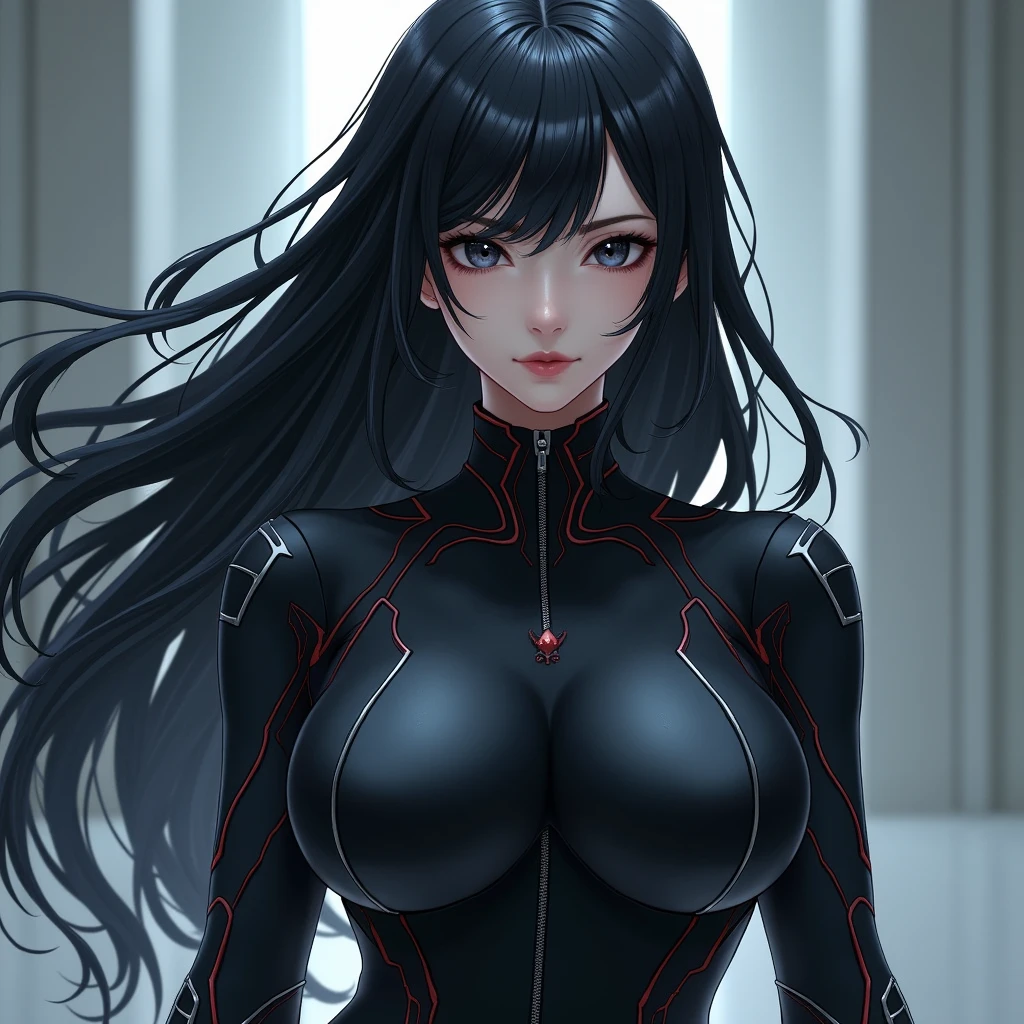 picture Unreal Engine 5 8K UHD of beautiful girl, black hair, wearing tight latex catsuit with gothic black short dress with lace, top harness, corset, magenta eyes, dark makeup, seductive moods, best quality, masterpiece,