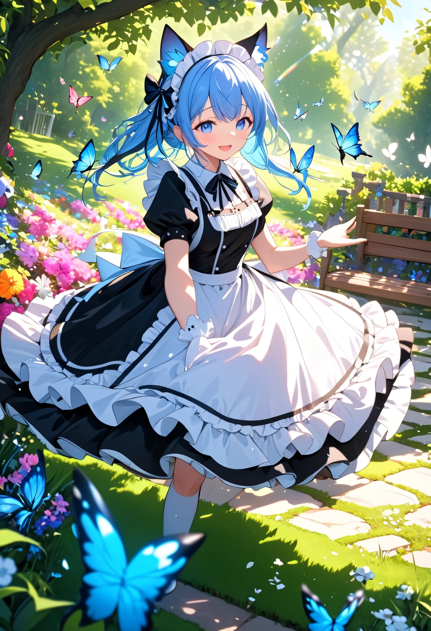 (((Best quality, 8k, Masterpiece: 1.3)), ((best quality)), ((masterpiece)), (detailed), perfect face, A charming girl dressed as a maid with cat ears, gracefully playing in a lush garden filled with vibrant flowers. She is joyfully chasing a butterfly, her movements elegant and lively. The scene is bathed in soft sunlight, with gentle shadows cast by the trees. Her maid outfit is detailed with lace and ribbons, and her cat ears are fluffy and expressive. The butterfly is brightly colored, fluttering just out of her reach, adding a sense of playful motion to the scene. The background features blooming flowers, a wooden bench, and a stone path, creating a peaceful and enchanting atmosphere