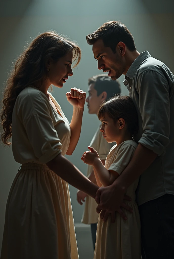 A family with a worried father, mother, daughter and son