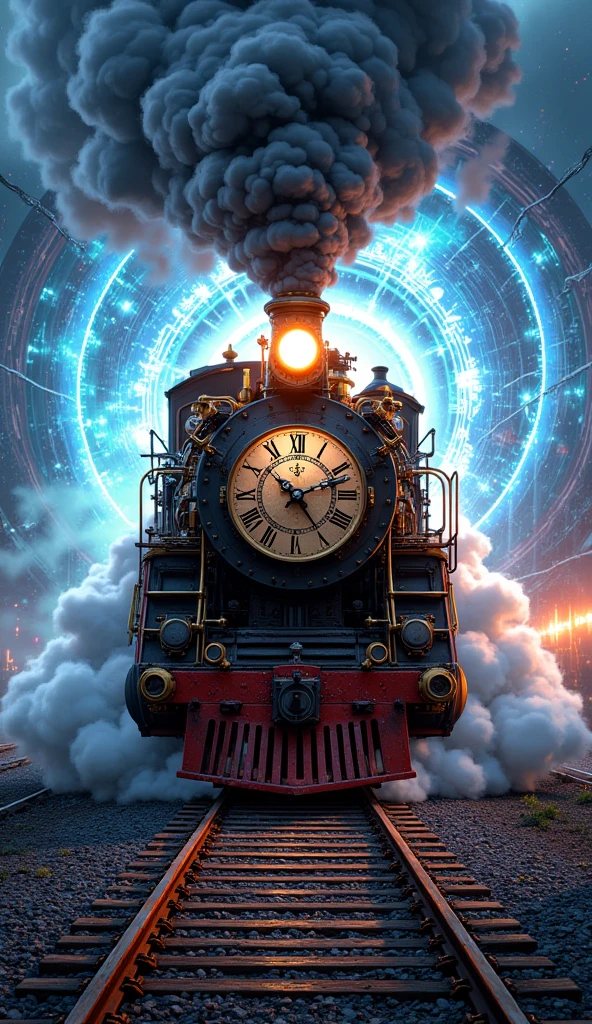 a steam train coming out of a portal. the train has a clock on its front. the portal it comes out from is magical and glows brightly.