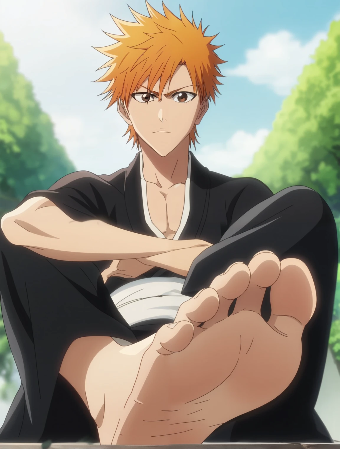 score_9, score_8_up, source_anime,
1boy, Kurosaki Ichigo, bleach, slender, untoned, orange hair, brown eyes, messy hair, loose-fitting black kimono, white inner garment, white obi,  wide and flowing black pants, alone, looking at viewer, sitting on the ground, cowboy shot, ANIME SCREENCAP, anime coloring, in a garden, barefoot, perfect feet, anatomically correct, soles, low angle, focal length 35mm, each foot has five toes, front, symmetrical soles, foot focus, crossed legs