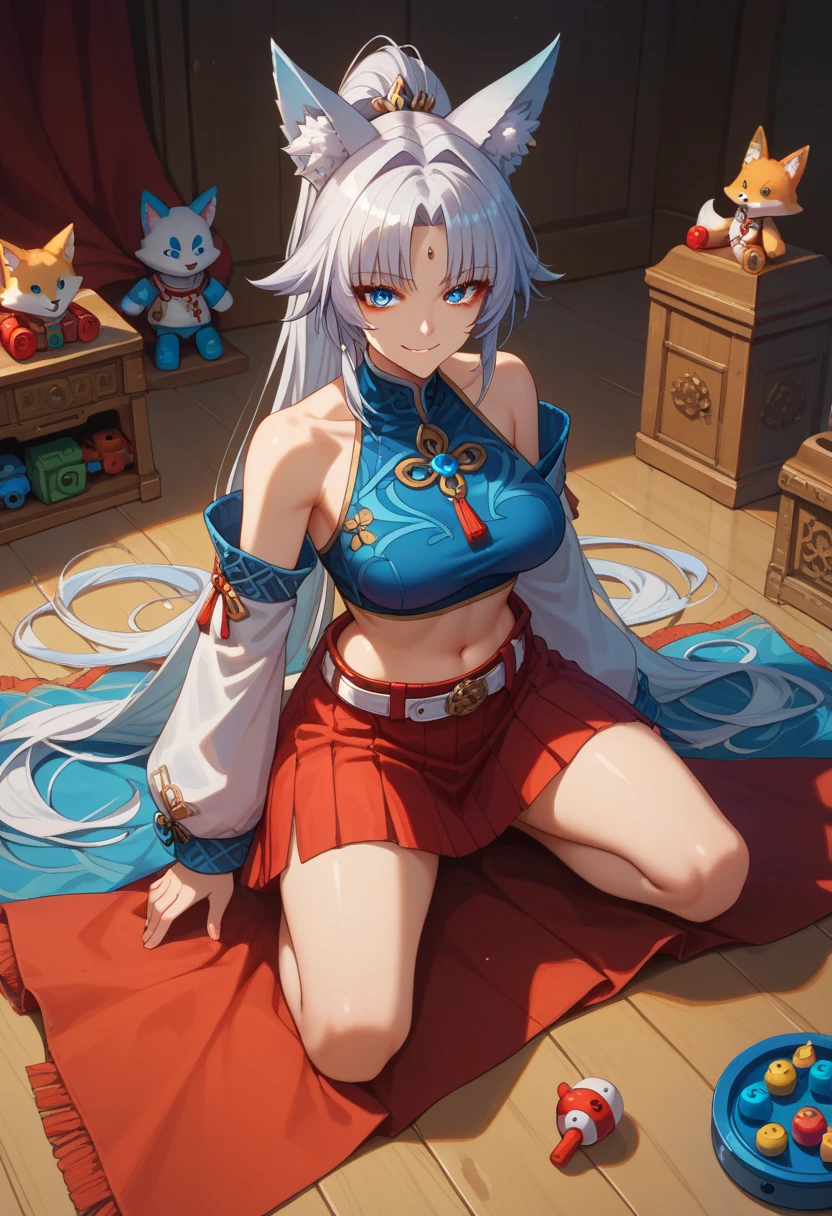 sEssential_9,sEssential_8_above,Essential_7_above,  feixiao-hsr  , 1 ,  animal ears , Alone,  looking at the viewer , shezfe , blue eyes, breasts, fox ears,  long hair, smile, jewelry, toys, Animal ear fluff, covered navel , belt,  ponytail, fringe, seductive,, realistic, highly detailed face, detailed eyes, best quality, masterpiece, ultra detail, ultra high res, extreme detail, 8k, UHD, voluptuous, curvy, thick thighs,  front, full body