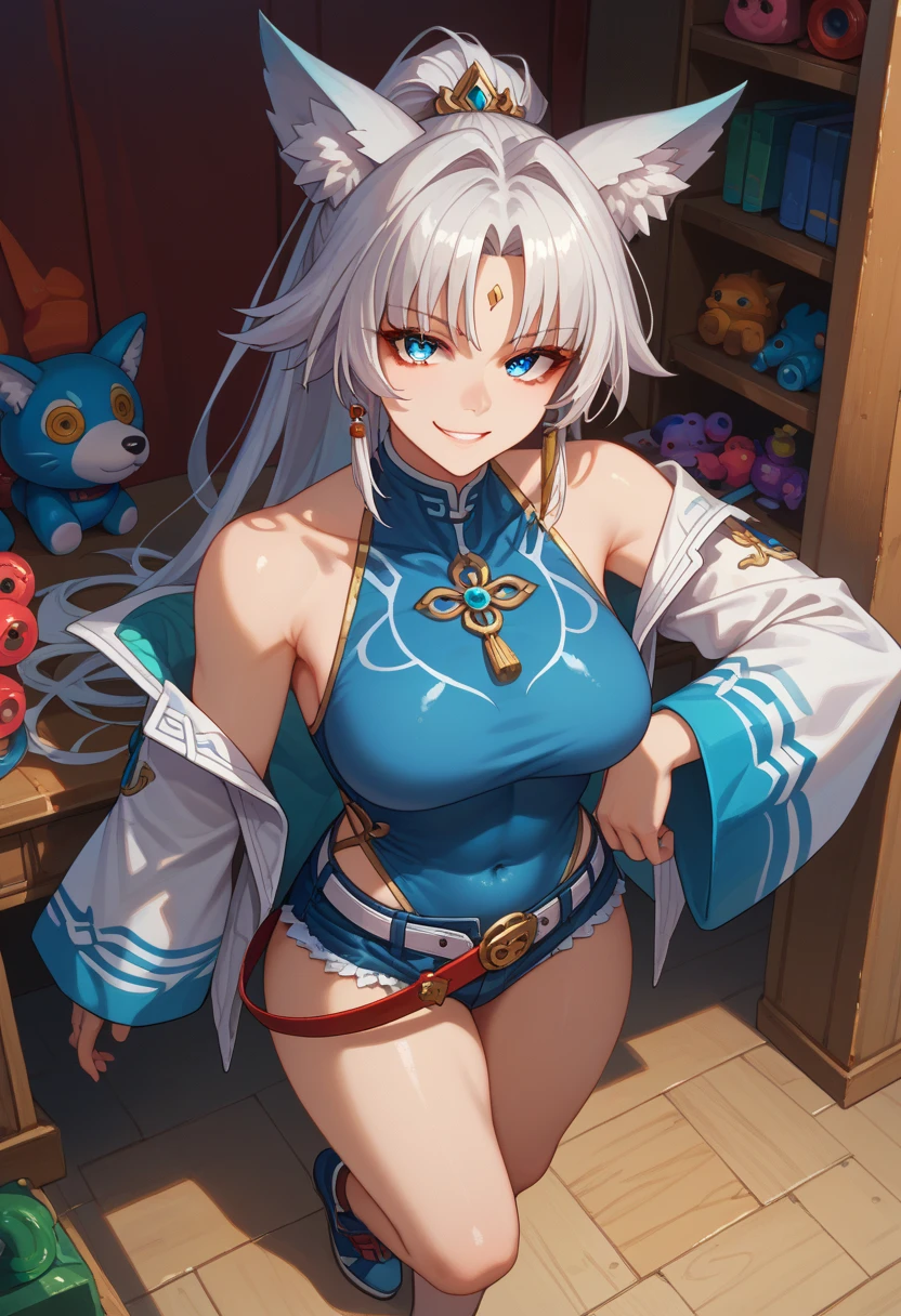 sEssential_9,sEssential_8_above,Essential_7_above,  feixiao-hsr  , 1 ,  animal ears , Alone,  looking at the viewer , shezfe , blue eyes, breasts, fox ears,  long hair, smile, jewelry, toys, Animal ear fluff, covered navel , belt,  ponytail, fringe, seductive,, realistic, highly detailed face, detailed eyes, best quality, masterpiece, ultra detail, ultra high res, extreme detail, 8k, UHD, voluptuous, curvy, thick thighs,  front, full body