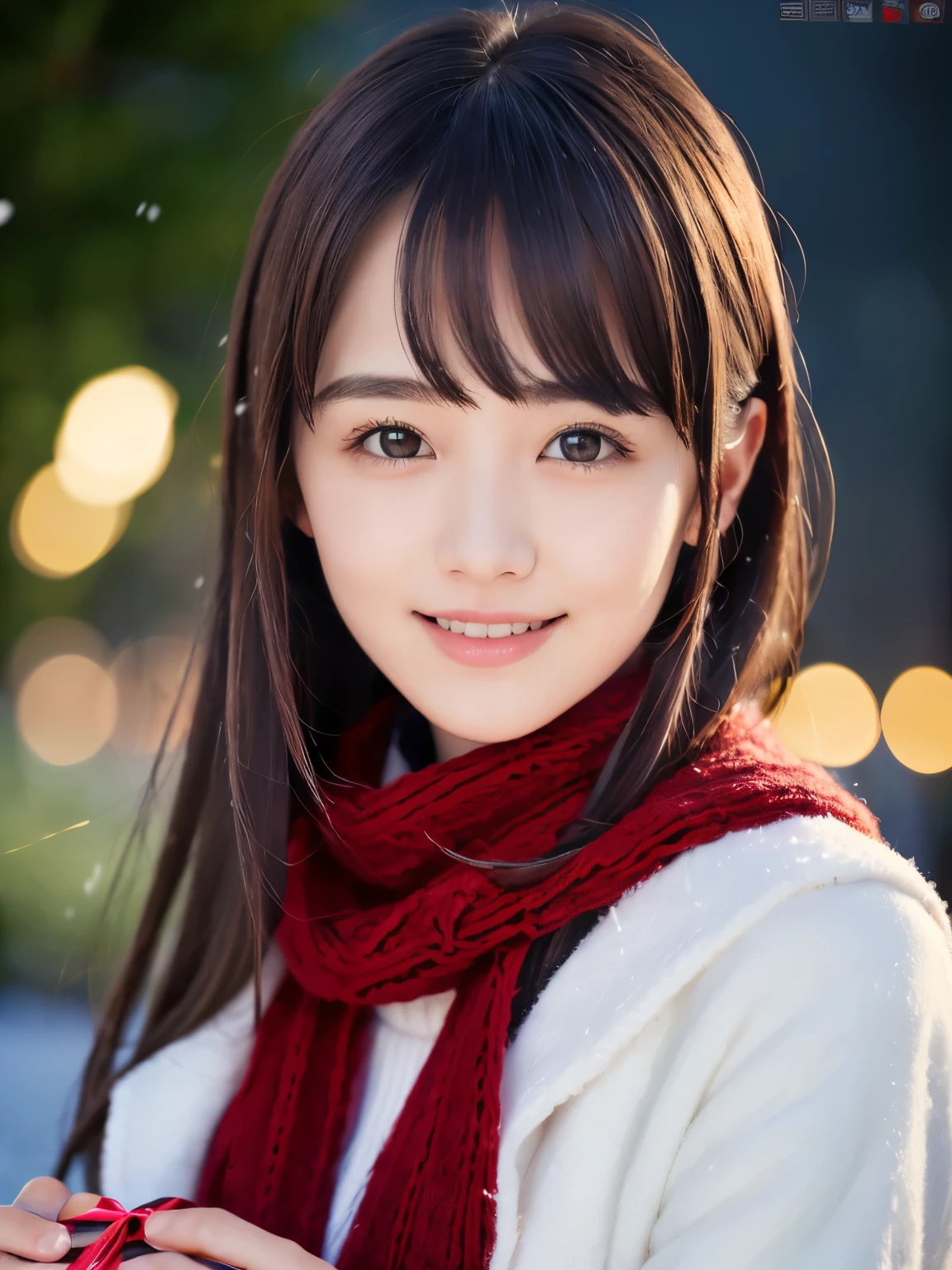 (Close-up face shot of one slender small breasts dark silver long hair with swept bangs girl in a winter long coat, knit sweater and  scarf:1.5)、(One girl is holding a big gift box in arms with happy smile:1.5)、(Beautiful Christmas illumination night:1.5)、(Heavy snowing night:1.5)、(blurred background:1.5)、(Natural light:1.5)、(8k ultra detailed master piece:1.5)、(perfect anatomy:1.5)、(Photorealistic stick:1.5)、(Raw photo:1.3)、(highest quality:1.5)、(High resolution:1.3)、(Delicate and beautiful perfect face:1.3)、(Delicate and beautiful eye air skin:1.3)、(Real Human Skin:1.3)、((thin legs))