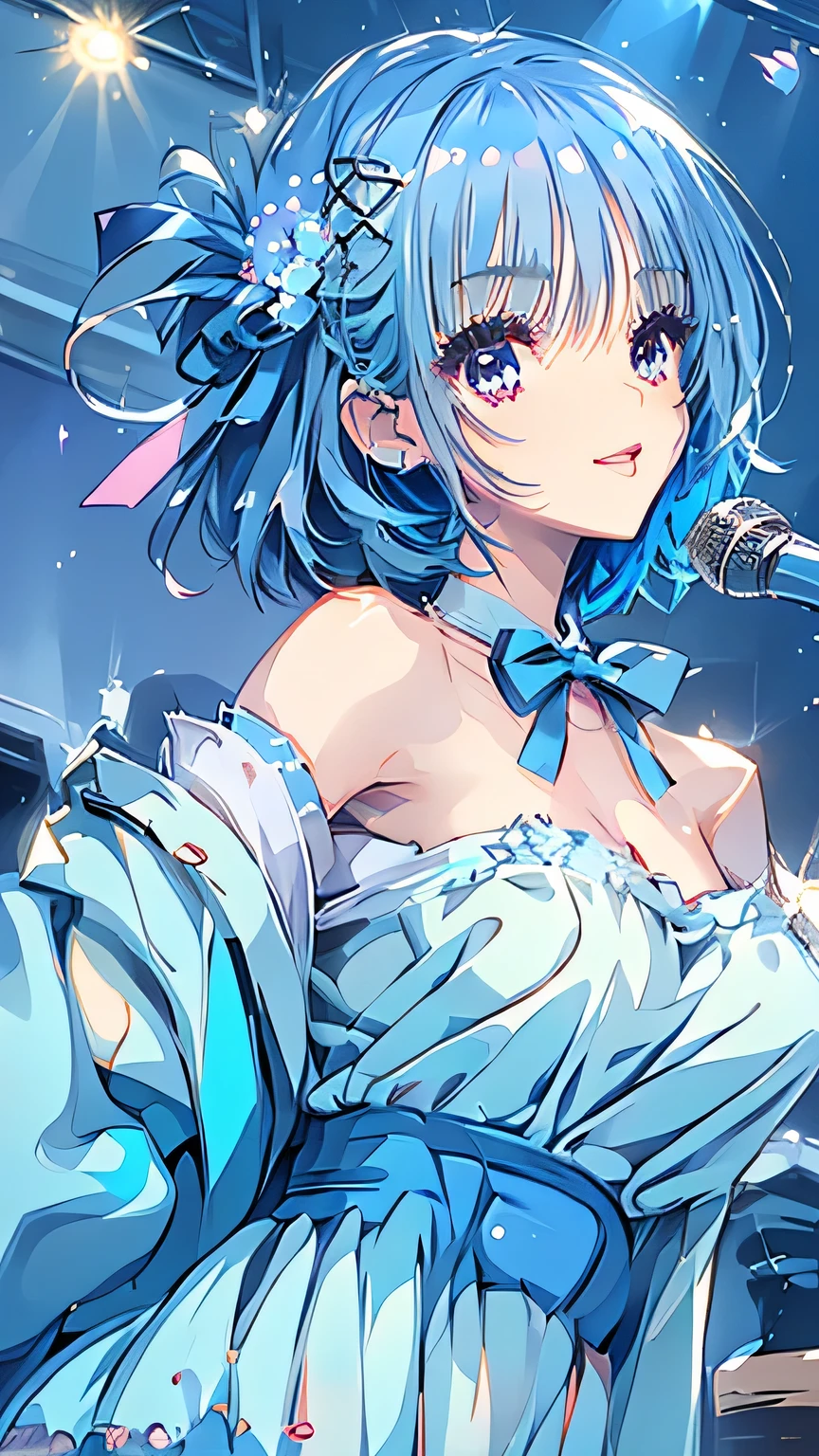 Beautiful Idol , blue hair short hair, loose fluffy perm,Flower Hair Ornaments, member color is light blue , has a large light blue ribbon on her chest, singing on a sparkling stage , lots of spectators , Tokyo Dome stage , singing with a microphone with her right hand , showing a cute smile to the audience