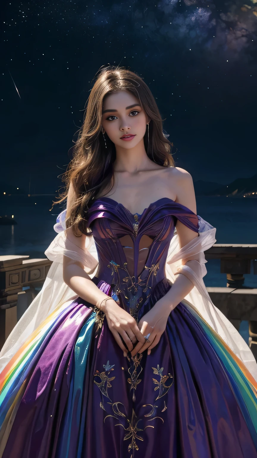 Full figure, seven -clinging shooting, 18 years old, wearing transparent science fiction dress, exquisite faces, details, hands, ultimate details, amazing magnificence, LED internal lighting, Pedaipan style, fiber hair, glowing rainbow iris, glowing rainbow iris,