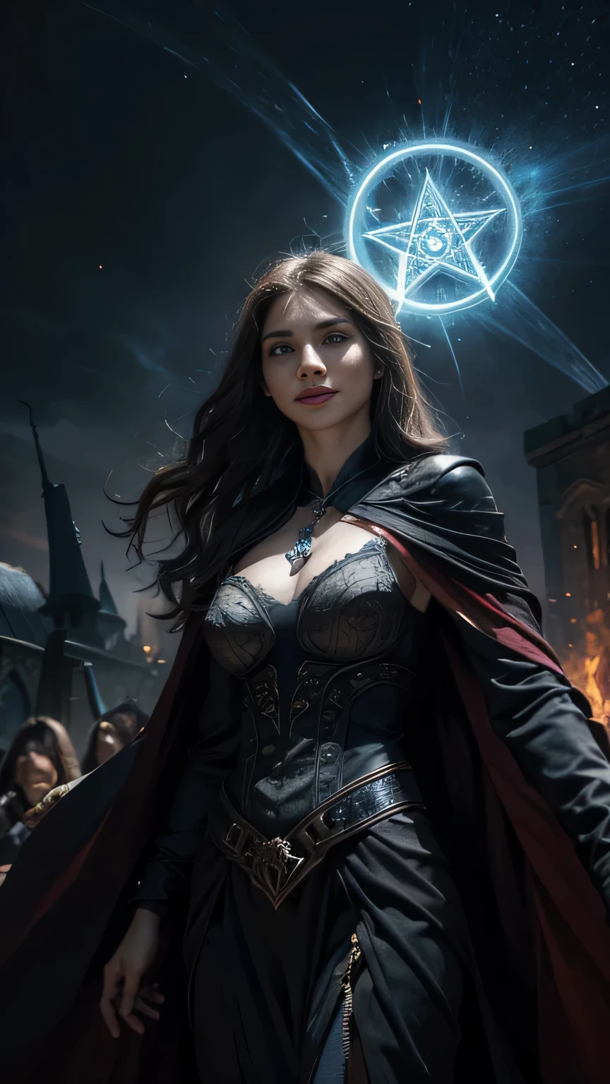 1 girl,adult (elven:0.7) woman,freckles,gray long hair, full body, solo,half shot,looking up,detailed background,detailed face,summoner,unholy,intricate necromancer clothes,amulet,conjuring,movement,evil smile,ritual,pentagram,surrounded by dark,dark magical inscriptions,red swirling summoning energy,(style-swirlmagic:0.7),calling forth evil power,tower background,dark glowing aura,ethereal atmosphere,magic fire,magic array,magic fire, detailed eyes. 