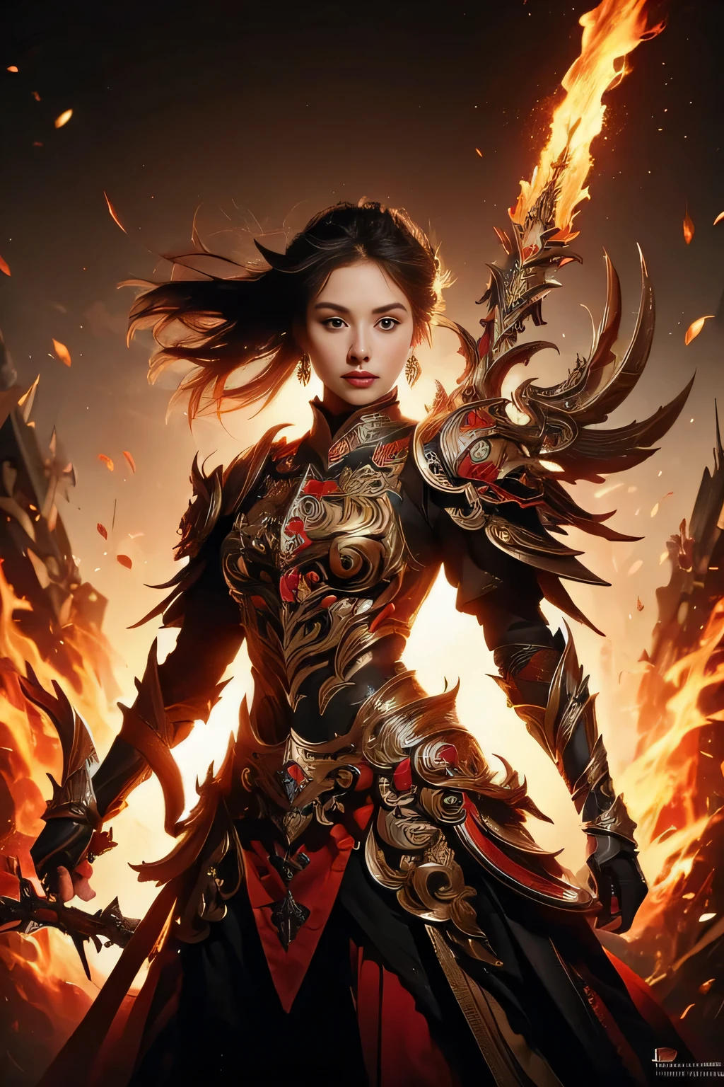 ((Detailed background, Battlefield, group of armies)), (masterpiece, top quality, best quality, official art, beautiful and aesthetic:1.2), (1girl),craft a Hyper-realistic portrayal of a futuristic (1girl1.2), beautiful  character donned in intricate armor surrounded by captivating flames, an epic long (sword:1.2), Dynamic pose, Random pose, Dynamic angle, battle stance, Meticulous details capture the intense fusion of tradition and innovation in this visually stunning composition. Trending on Artstation.