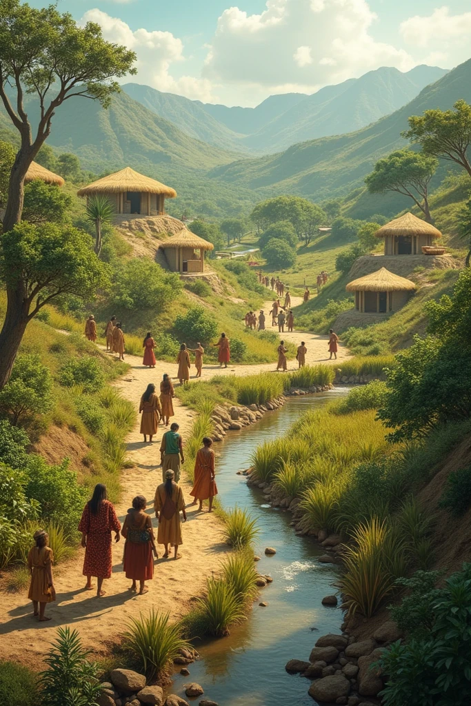 Please generate a landscape of the municipality of Arcabuco Boyacá as it was in pre-Columbian times, muisca chibcha culture, mountains, adobe huts,clay tile roofs
