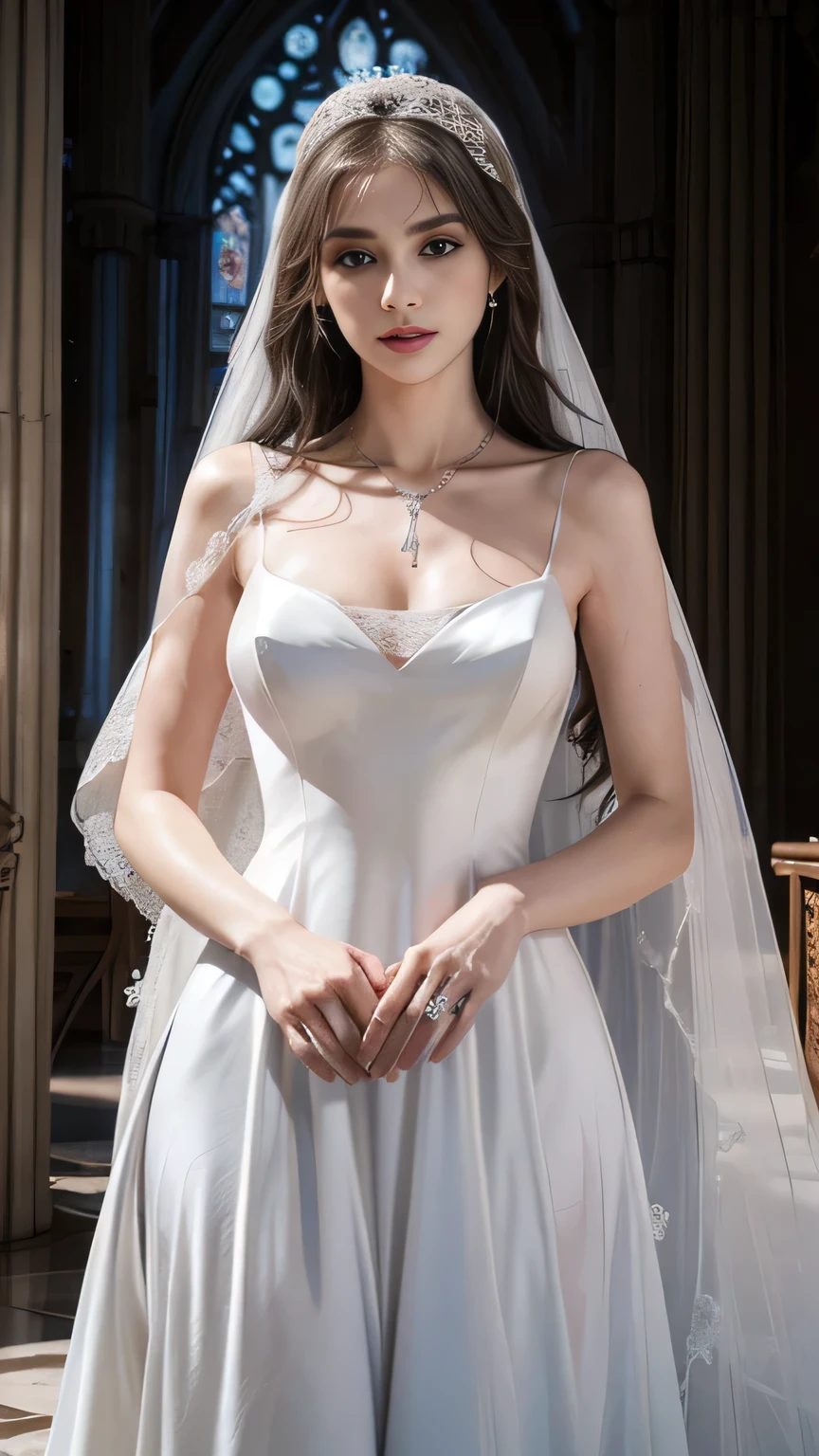 photorealistic, high resolution, soft lights, 1women, solo, hips up, (blue eyes, long hair, white hair), wedding dress, bridal dress, ([luxury tuxedo: :12][:wedding dress:7]:1.4), (adult face:1.3), indoors, bangs,necklace, large breasts, (cathedral, wedding:1.2),