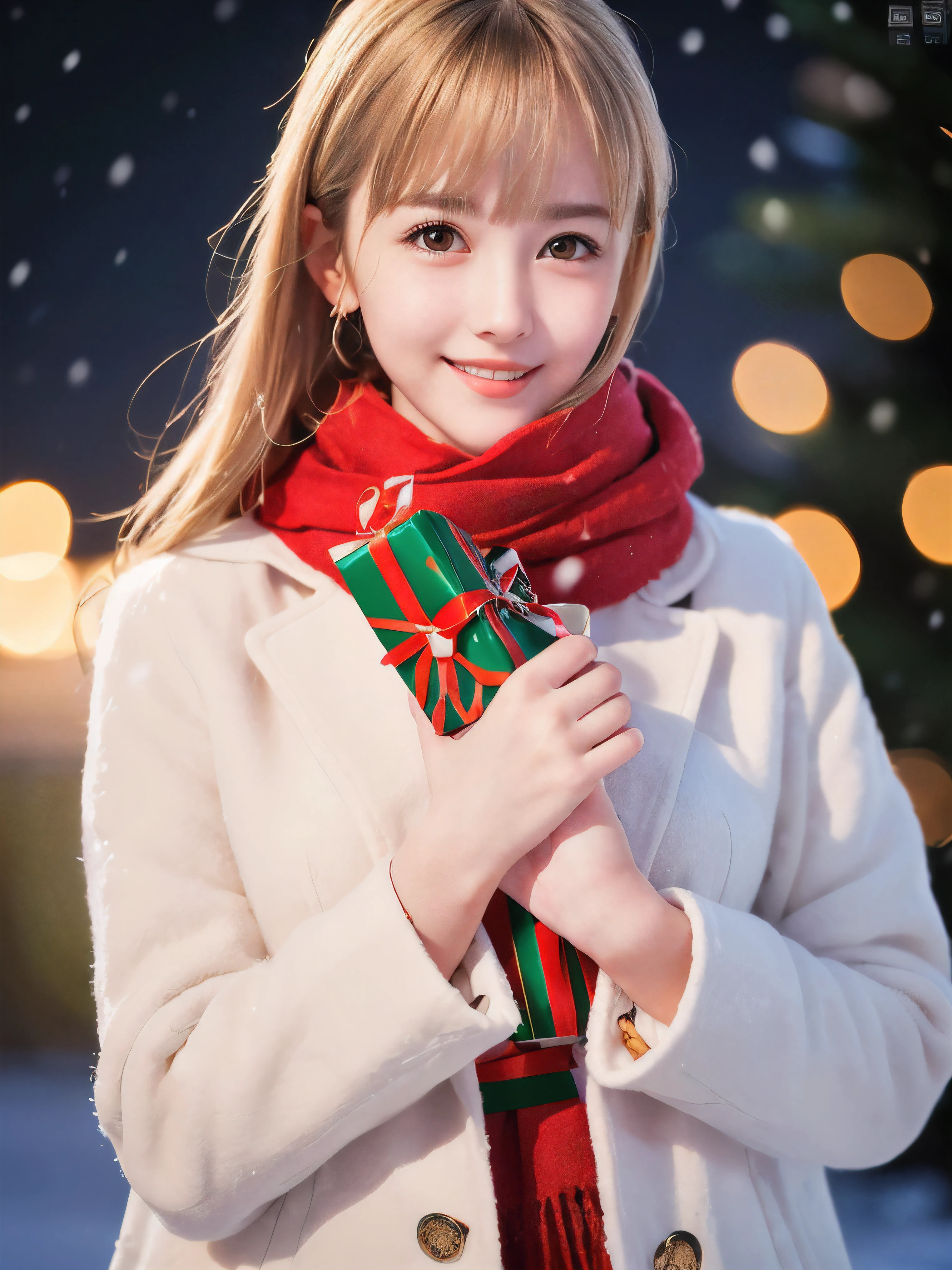 (Close-up face shot of one slender small breasts half up blonde long hair with bangs girl in a winter white long coat and red scarf:1.5)、(One blonde hair girl is holding a big gift box in arms with happy smile:1.5)、(Beautiful Christmas illumination night:1.5)、(Heavy snowing night:1.5)、(blurred background:1.5)、(Natural light:1.5)、(8k ultra detailed master piece:1.5)、(perfect anatomy:1.5)、(Photorealistic stick:1.5)、(Raw photo:1.3)、(highest quality:1.5)、(High resolution:1.3)、(Delicate and beautiful perfect face:1.3)、(Delicate and beautiful eye air skin:1.3)、(Real Human Skin:1.3)、((thin legs))