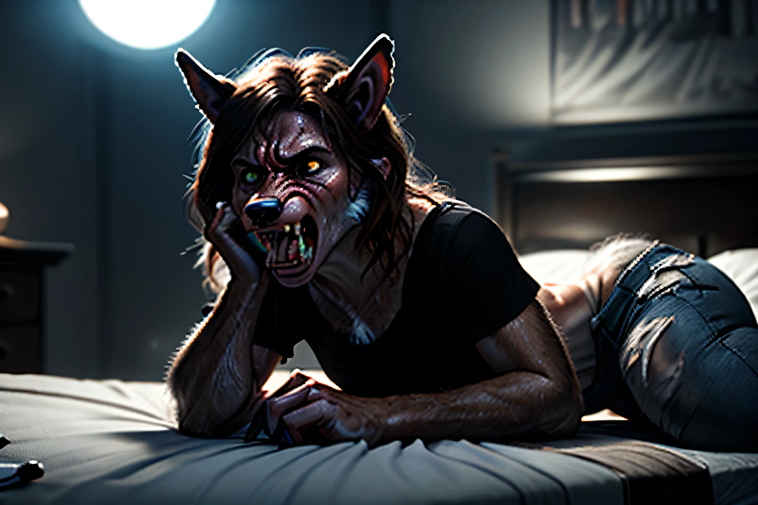 female morphing into werewolf:1.5, transformation, single, brown hairs, laying at bed, black T-shirt, fur:1.3, fur spreads gradually:1.3, bedroom, indoor, deep night, darkness, very sweating:1.3, in pain:1.3, shocked, looking at hands, hard breathing:1.3, moonlight, (old movie, dim colours, dramatic light, Extreme Detail, RAW photo, dramatic light, film photography, photorealistic, absurd rec)