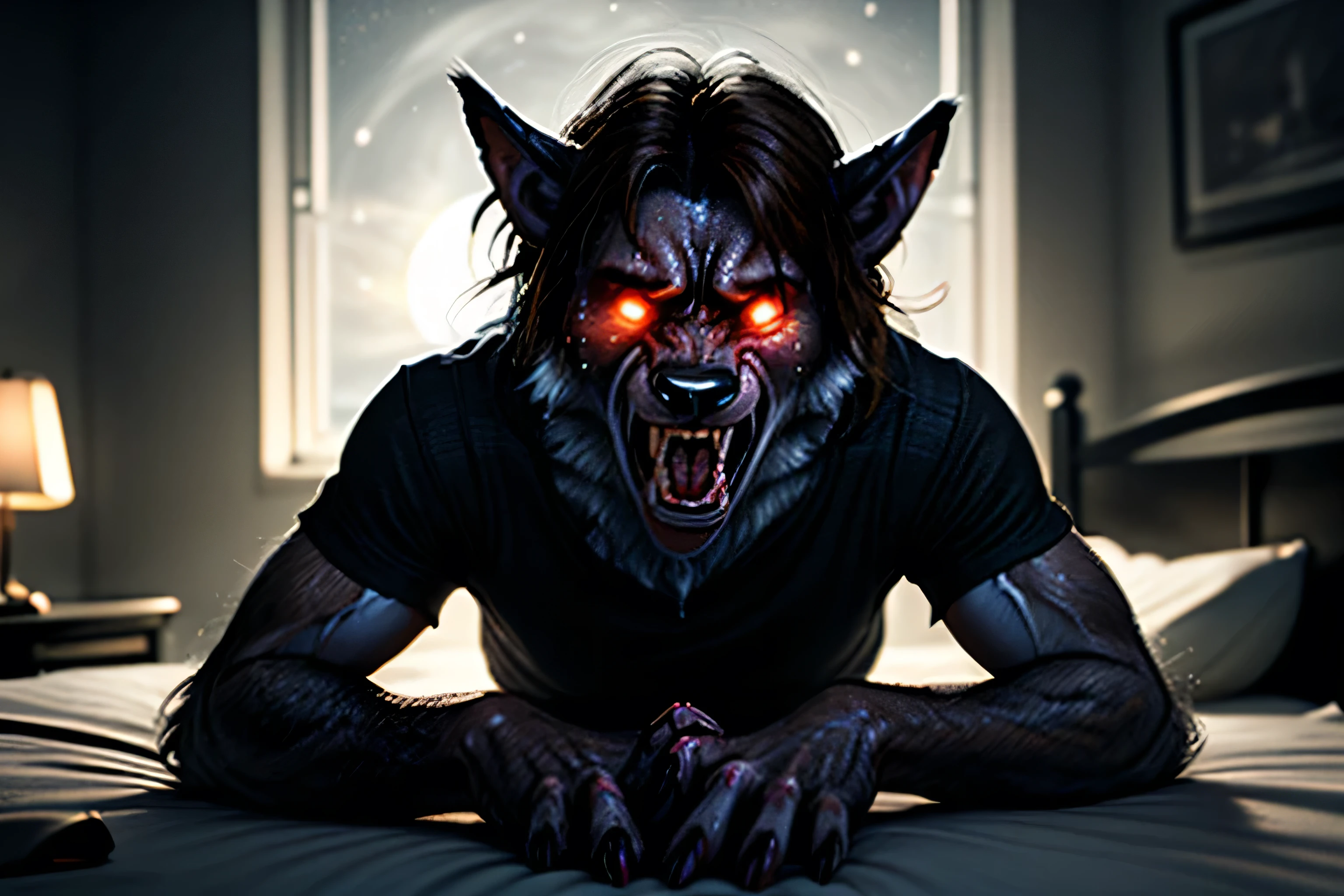 female morphing into werewolf:1.5, transformation, single, brown hairs, laying at bed, black T-shirt, fur:1.3, fur spreads gradually:1.3, bedroom, indoor, deep night, darkness, very sweating:1.3, in pain:1.3, shocked, looking at hands, hard breathing:1.3, moonlight, (old movie, dim colours, dramatic light, Extreme Detail, RAW photo, dramatic light, film photography, photorealistic, absurd rec)